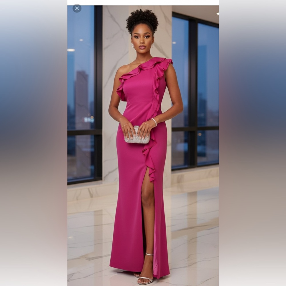FEHAUTE Fuchsia One Shoulder Ruffle‎ Slit Maxi Gown Dress Size M party nwt